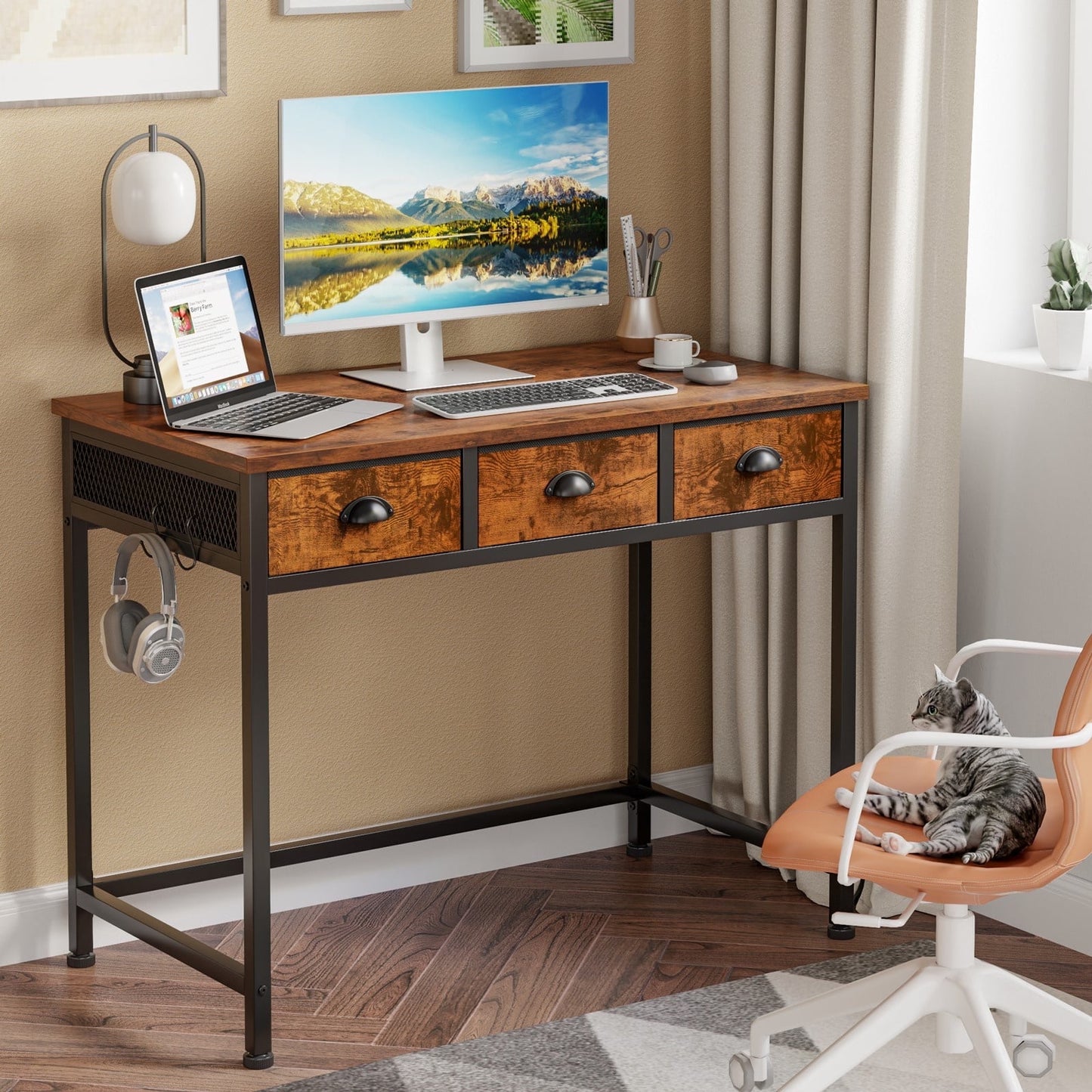 Hexmn Computer Writing Desk,Modern Simple Style for Living Room,Rustic Brown