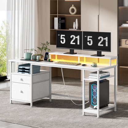 Hexmn White Multi-Functional Computer Desk with Dual Monitor Stand, Adjustable Shelves & RGB LED Lighting