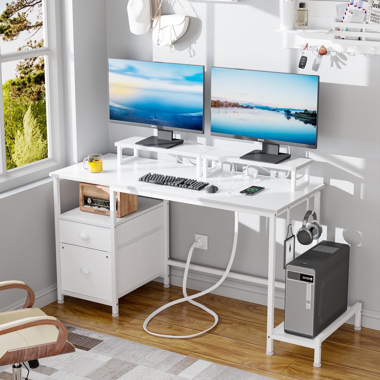 Hexmn Corner Desk with Outlets & Adjustable Shelves for Office Writing,White