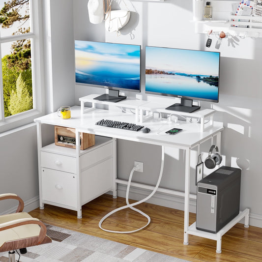 Hexmn Corner Desk with Outlets & Adjustable Shelves for Office Writing,White