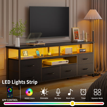 Tydimor 63 Inch TV Stand with LED Lights & Charging Power Station, 6 Fabric Drawer Dresser, Multifunctional Media Console, Sideboard Storage Cabinet, Entryway Hallway Table Fits 32-70 Inch TV, Black