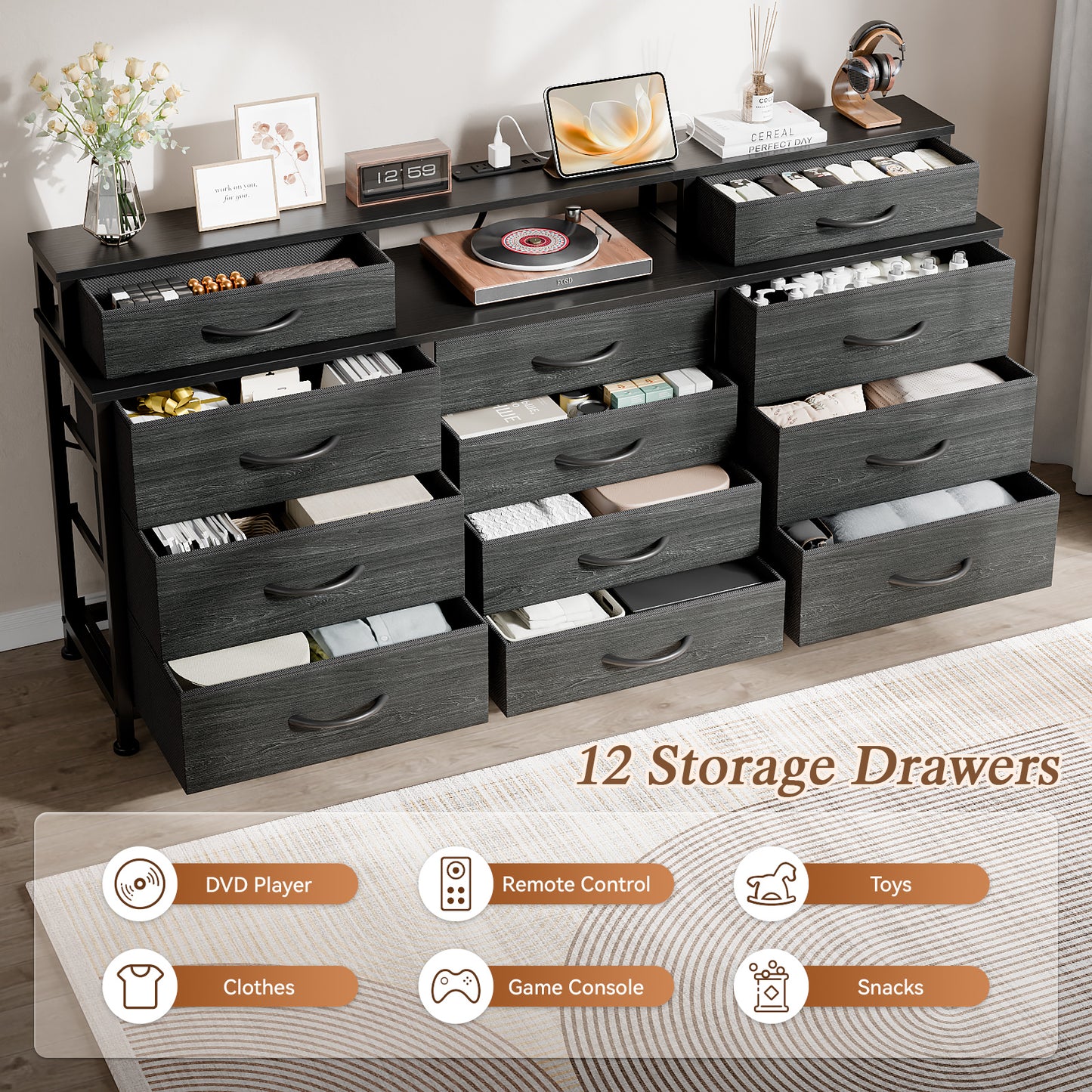 Tydimor Modern Dressers for Bedroom, Wide Chest with 12 Fabric Drawers for Living Room, Black Oak