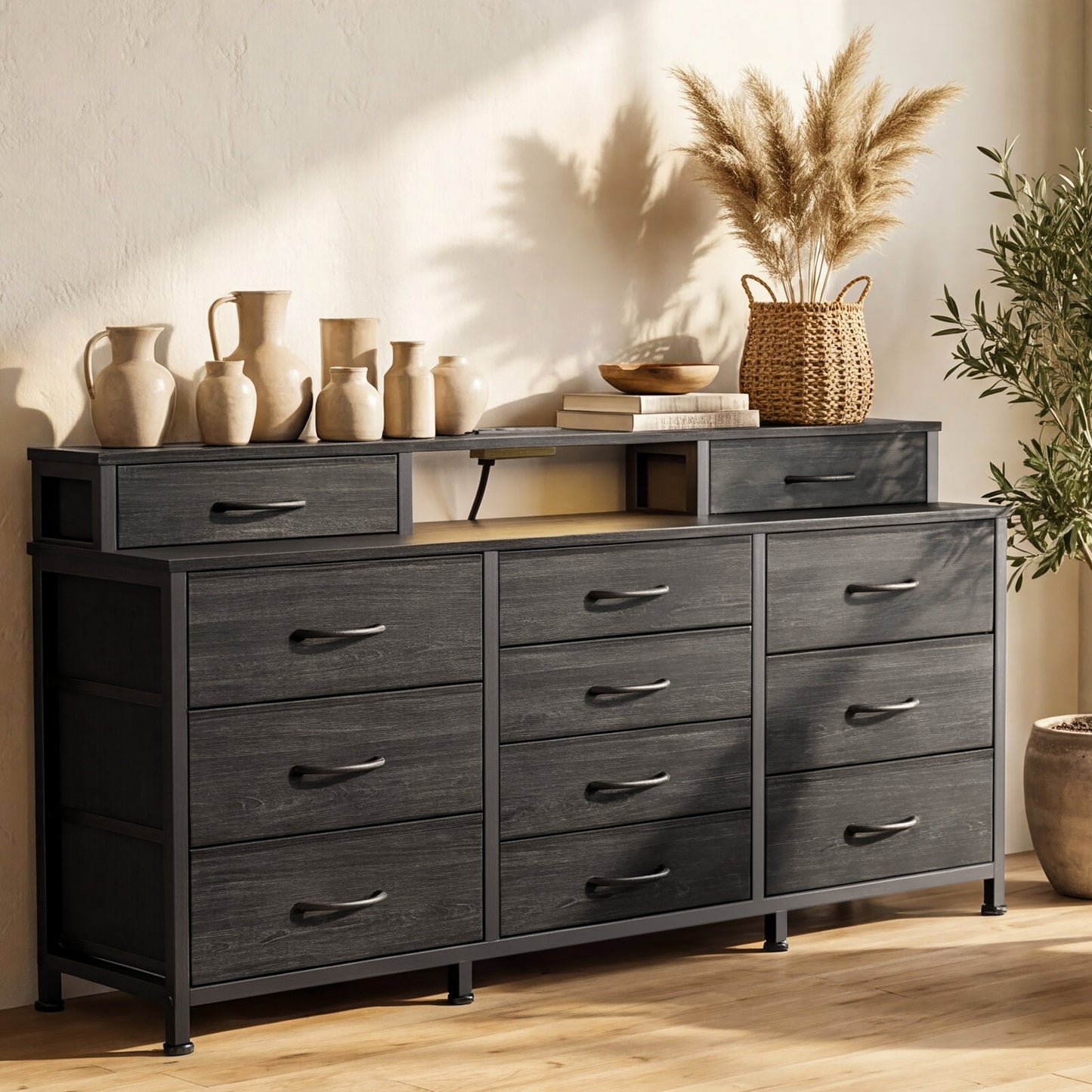 Tydimor Modern Dressers for Bedroom, Wide Chest with 12 Fabric Drawers for Living Room, Black Oak
