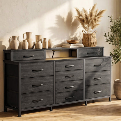 Tydimor Modern Dressers for Bedroom, Wide Chest with 12 Fabric Drawers for Living Room, Black Oak