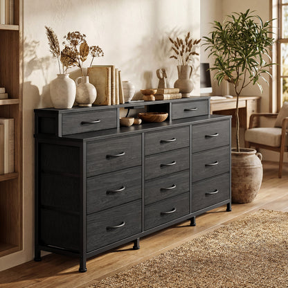 Tydimor Modern Dressers for Bedroom, Wide Chest with 12 Fabric Drawers for Living Room, Black Oak