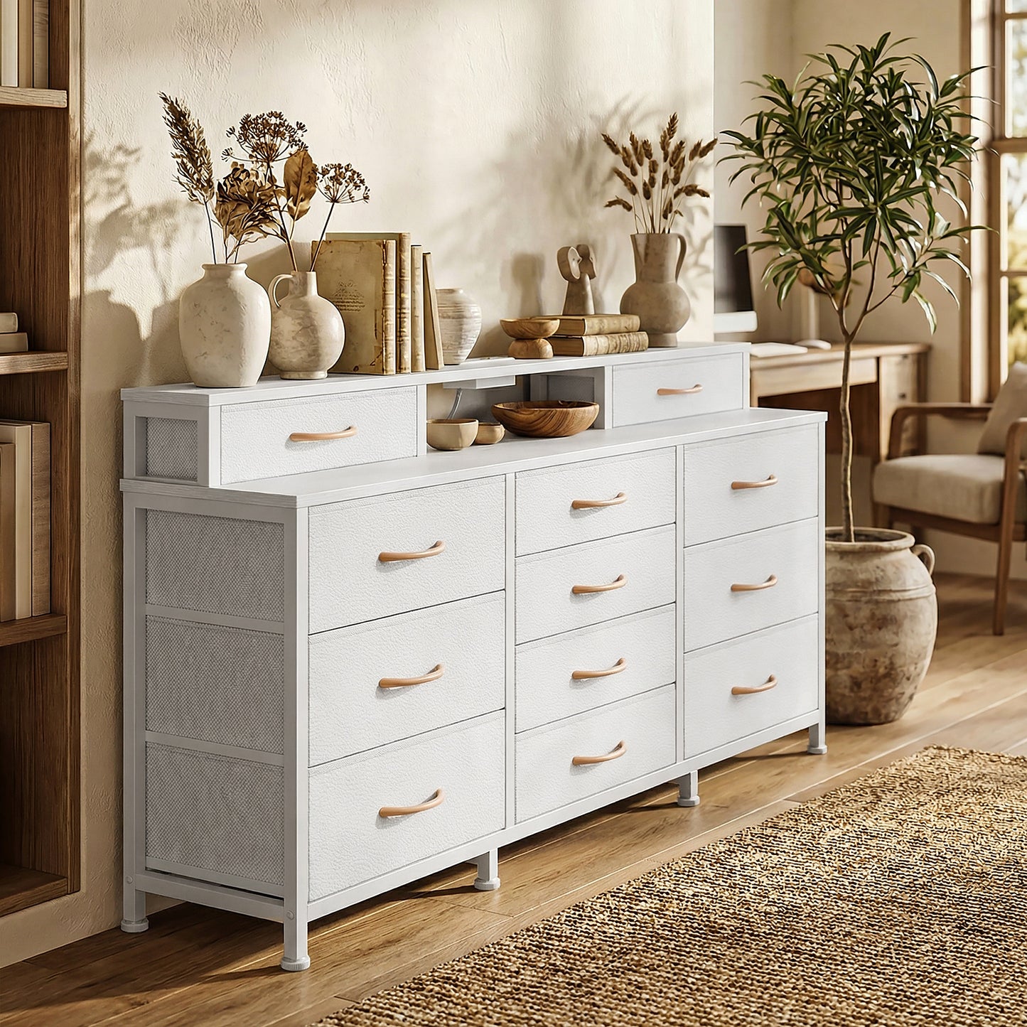 Tydimor Modern Dressers for Bedroom, Wide Chest with 12 Fabric Drawers for Living Room, White