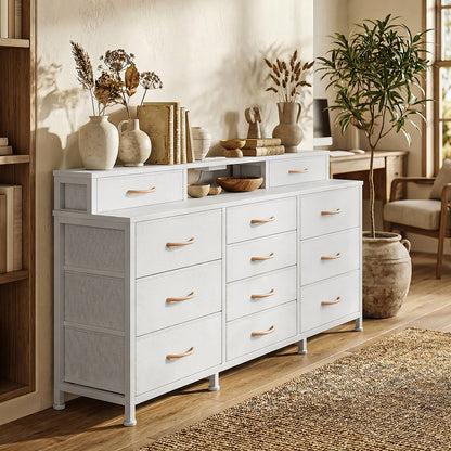 Tydimor Modern Dressers for Bedroom, Wide Chest with 12 Fabric Drawers for Living Room, White