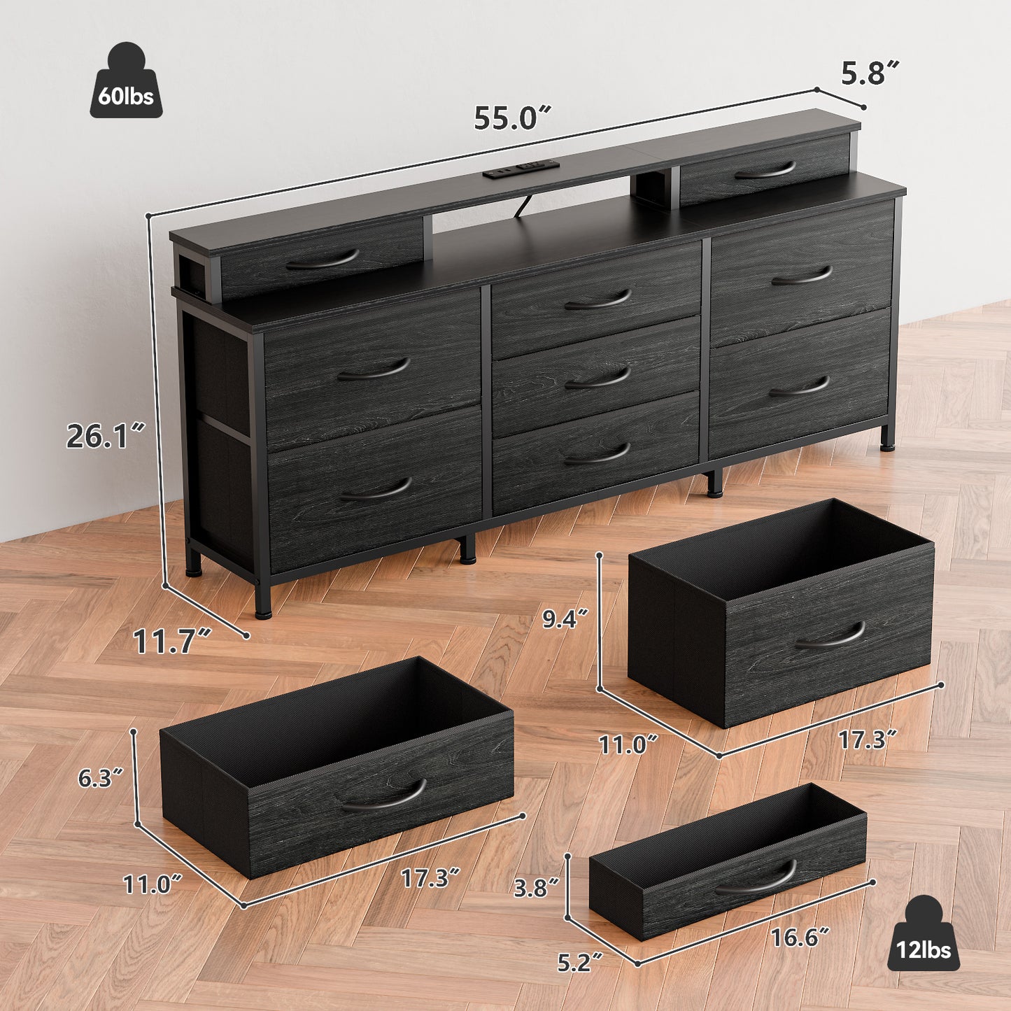 Tydimor Modern Dressers for Bedroom, Wide Chest with 9 Fabric Drawers for Living Room, Black Oak