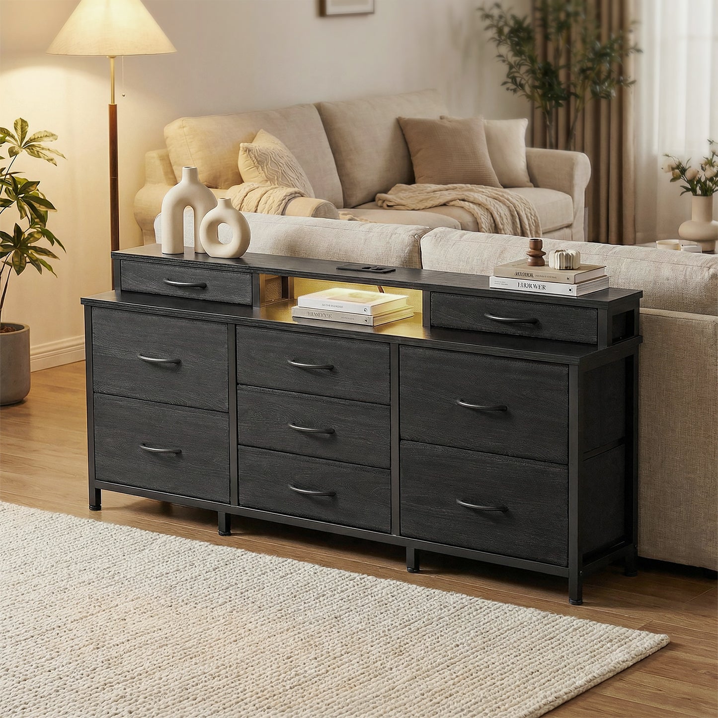 Tydimor Modern Dressers for Bedroom, Wide Chest with 9 Fabric Drawers for Living Room, Black Oak