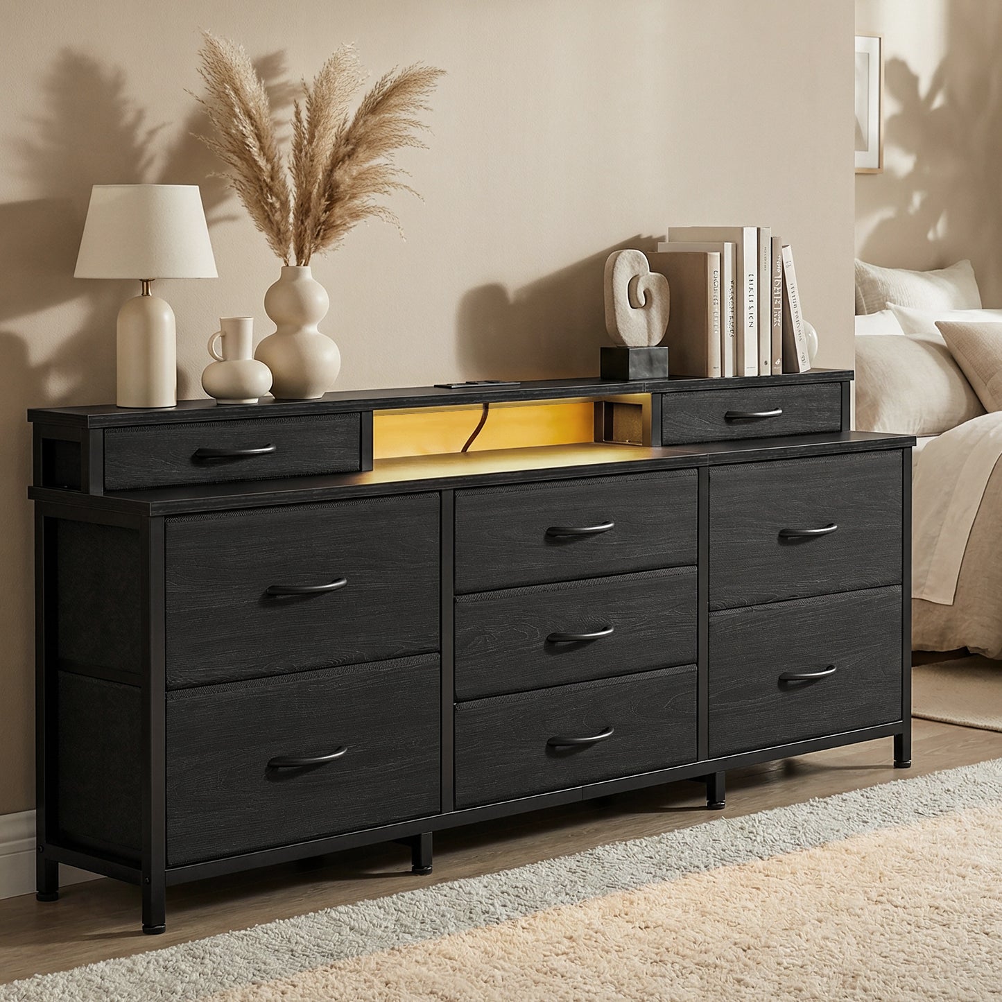 Tydimor Modern Dressers for Bedroom, Wide Chest with 9 Fabric Drawers for Living Room, Black Oak