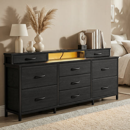 Tydimor Modern Dressers for Bedroom, Wide Chest with 9 Fabric Drawers for Living Room, Black Oak