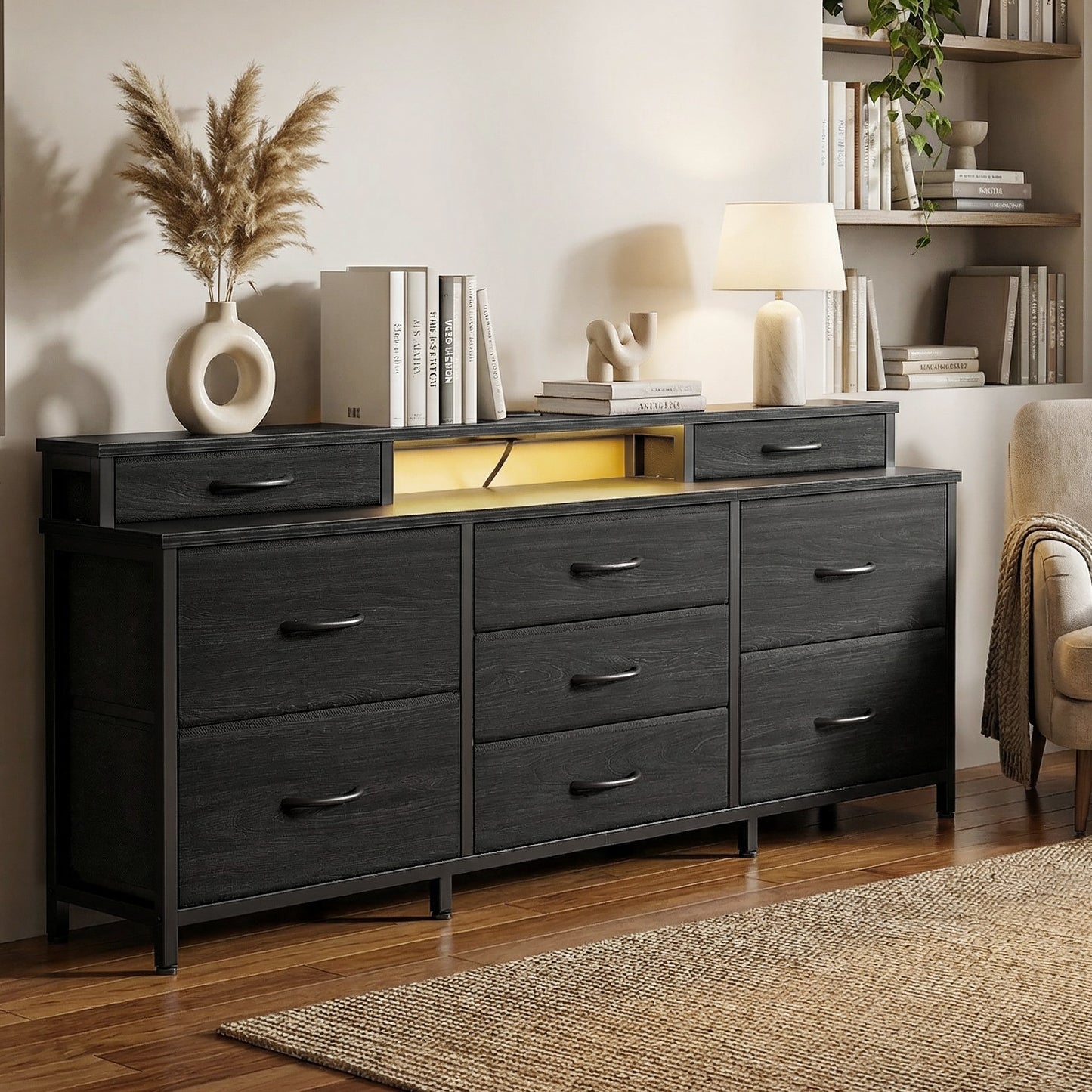 Tydimor Modern Dressers for Bedroom, Wide Chest with 9 Fabric Drawers for Living Room, Black Oak