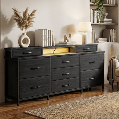 Tydimor Modern Dressers for Bedroom, Wide Chest with 9 Fabric Drawers for Living Room, Black Oak