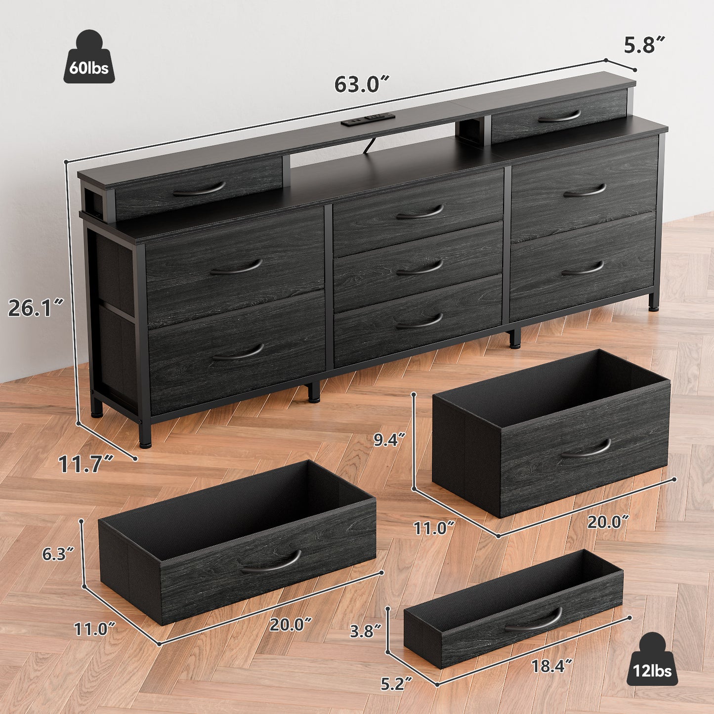 Tydimor Modern Dressers for Bedroom, Wide Chest with 9 Fabric Drawers for Living Room, Black Oak