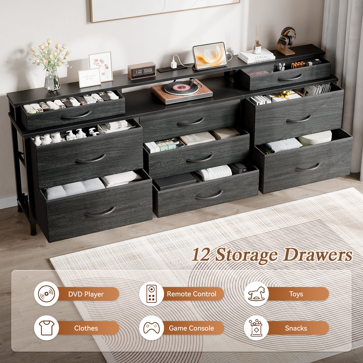 Tydimor Modern Dressers for Bedroom, Wide Chest with 9 Fabric Drawers for Living Room, Black Oak