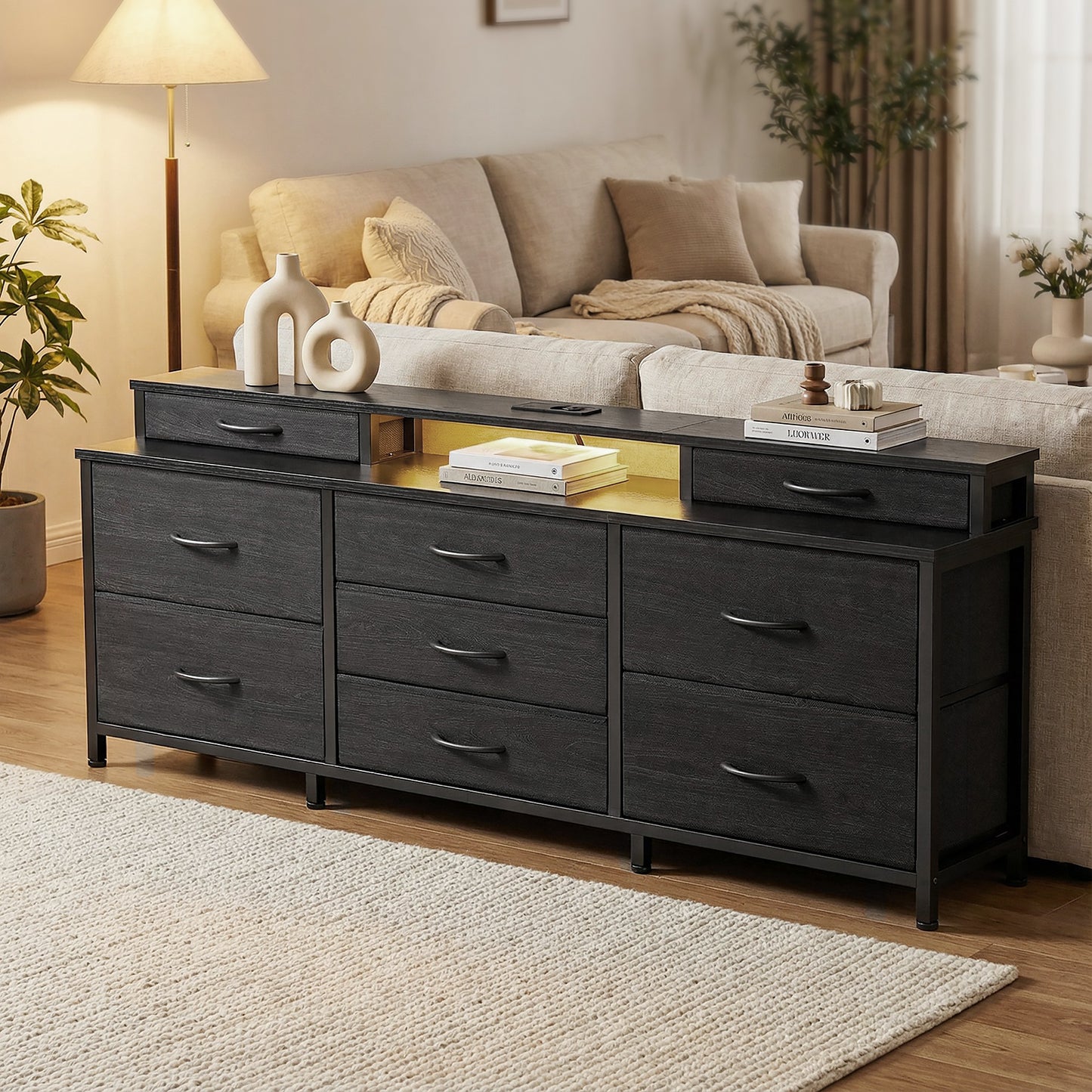 Tydimor Modern Dressers for Bedroom, Wide Chest with 9 Fabric Drawers for Living Room, Black Oak