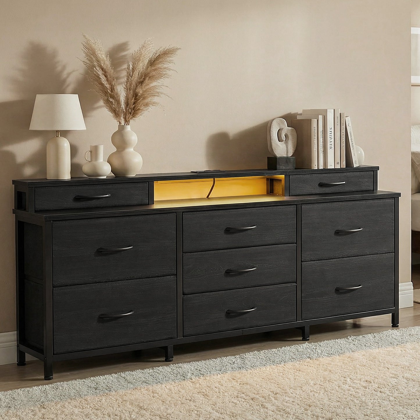 Tydimor Modern Dressers for Bedroom, Wide Chest with 9 Fabric Drawers for Living Room, Black Oak