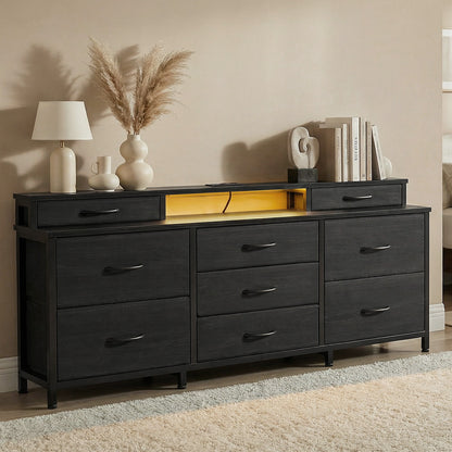 Tydimor Modern Dressers for Bedroom, Wide Chest with 9 Fabric Drawers for Living Room, Black Oak