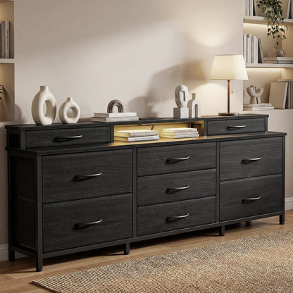 Tydimor Modern Dressers for Bedroom, Wide Chest with 9 Fabric Drawers for Living Room, Black Oak