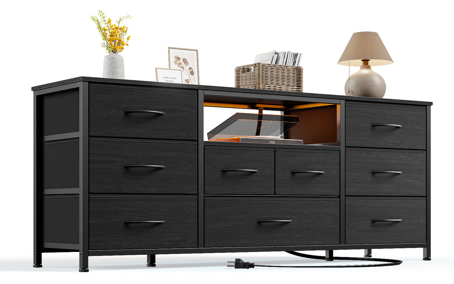 Satifur TV Cabinet Stands for TVs up to 65", Entertainment Center with Outlet & LED, Media Console Table with 9 Drawers for Living Room, Black Oak