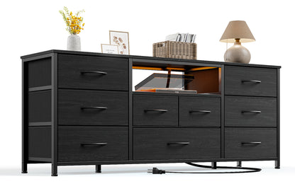 Satifur TV Cabinet Stands for TVs up to 65", Entertainment Center with Outlet & LED, Media Console Table with 9 Drawers for Living Room, Black Oak