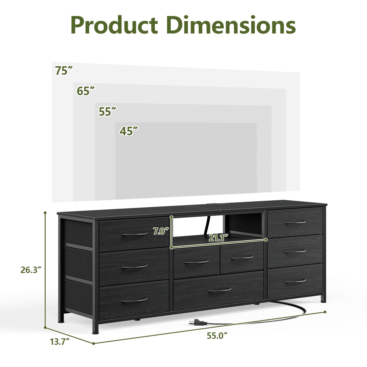 Satifur TV Cabinet Stands for TVs up to 65", Entertainment Center with Outlet & LED, Media Console Table with 9 Drawers for Living Room, Black Oak
