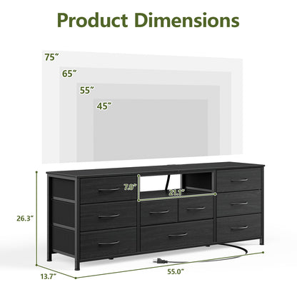 Satifur TV Cabinet Stands for TVs up to 65", Entertainment Center with Outlet & LED, Media Console Table with 9 Drawers for Living Room, Black Oak