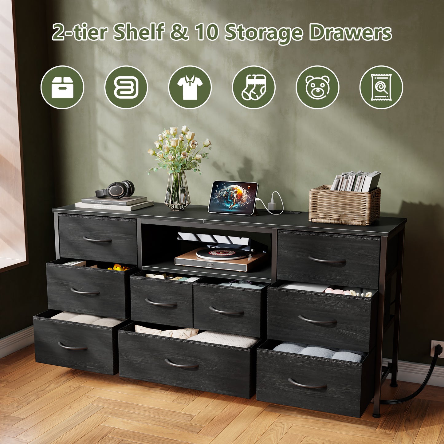 Satifur TV Cabinet Stands for TVs up to 65", Entertainment Center with Outlet & LED, Media Console Table with 9 Drawers for Living Room, Black Oak