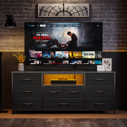 Satifur TV Cabinet Stands for TVs up to 65", Entertainment Center with Outlet & LED, Media Console Table with 9 Drawers for Living Room, Black Oak