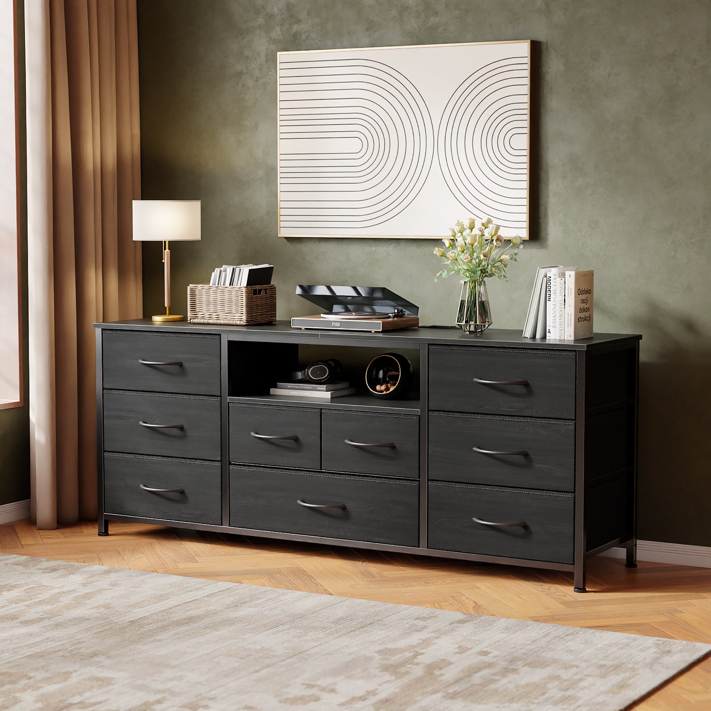 Satifur TV Cabinet Stands for TVs up to 65", Entertainment Center with Outlet & LED, Media Console Table with 9 Drawers for Living Room, Black Oak