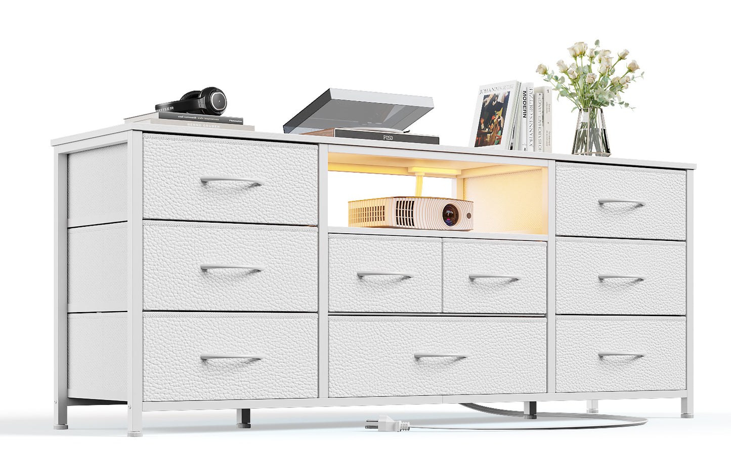 Tydimor TV Cabinet Stands for TVs up to 65", Entertainment Center with Outlet & LED, Media Console Table with 9 Drawers for Living Room, White