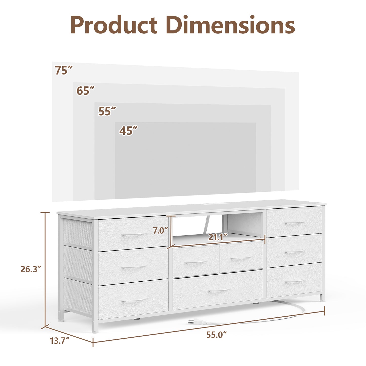 Tydimor TV Cabinet Stands for TVs up to 65", Entertainment Center with Outlet & LED, Media Console Table with 9 Drawers for Living Room, White