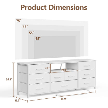 Tydimor TV Cabinet Stands for TVs up to 65", Entertainment Center with Outlet & LED, Media Console Table with 9 Drawers for Living Room, White