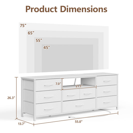 Tydimor TV Cabinet Stands for TVs up to 65", Entertainment Center with Outlet & LED, Media Console Table with 9 Drawers for Living Room, White