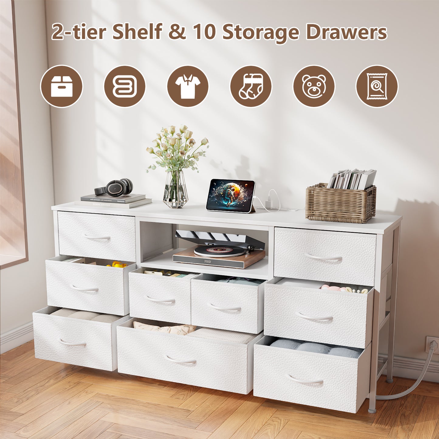 Tydimor TV Cabinet Stands for TVs up to 65", Entertainment Center with Outlet & LED, Media Console Table with 9 Drawers for Living Room, White