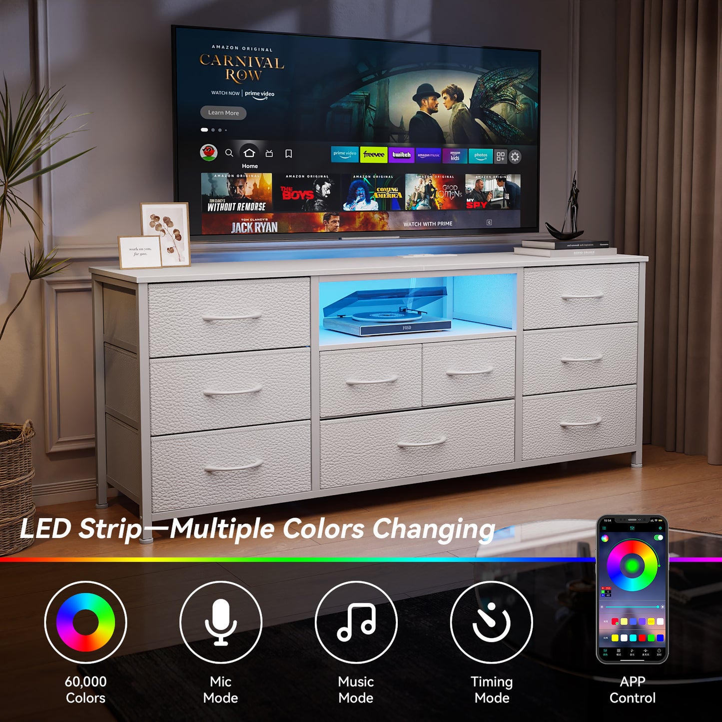 Tydimor TV Cabinet Stands for TVs up to 65", Entertainment Center with Outlet & LED, Media Console Table with 9 Drawers for Living Room, White