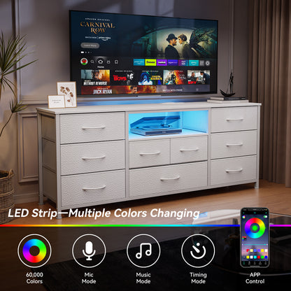 Tydimor TV Cabinet Stands for TVs up to 65", Entertainment Center with Outlet & LED, Media Console Table with 9 Drawers for Living Room, White