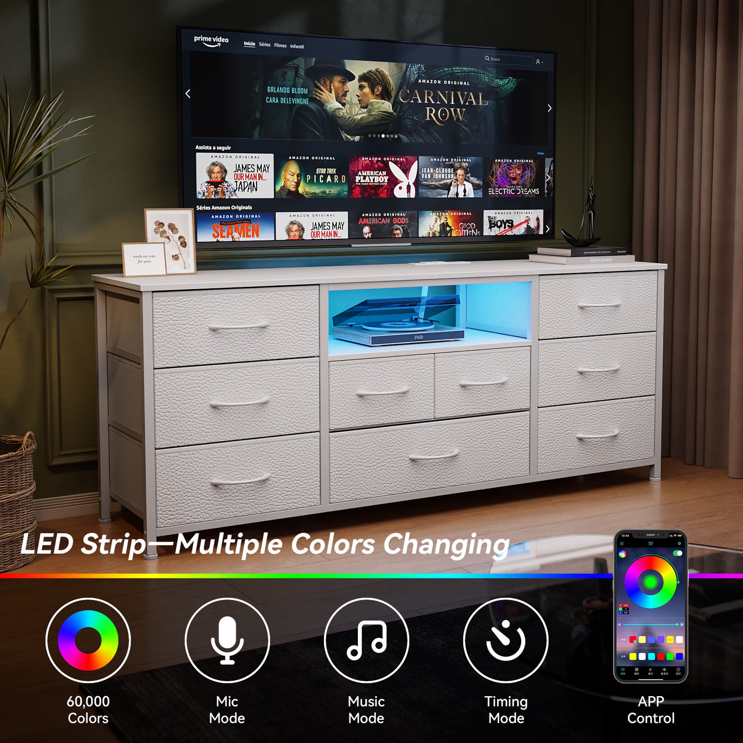 Satifur TV Cabinet Stands for TVs up to 65", Entertainment Center with Outlet & LED, Media Console Table with 9 Drawers for Living Room, White