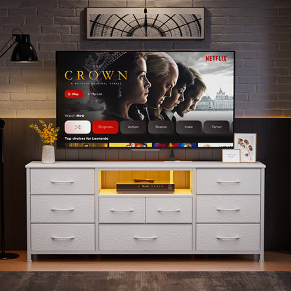Tydimor TV Cabinet Stands for TVs up to 65", Entertainment Center with Outlet & LED, Media Console Table with 9 Drawers for Living Room, White