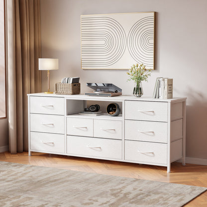 Tydimor TV Cabinet Stands for TVs up to 65", Entertainment Center with Outlet & LED, Media Console Table with 9 Drawers for Living Room, White