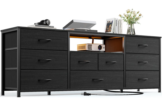 Tydimor TV Cabinet Stands for TVs up to 75", Entertainment Center with Outlet & LED, Media Console Table with 9 Drawers for Living Room, Black