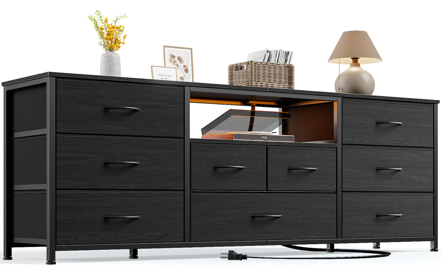 Satifur TV Cabinet Stands for TVs up to 75", Entertainment Center with Outlet & LED, Media Console Table with 9 Drawers for Living Room, Black Oak