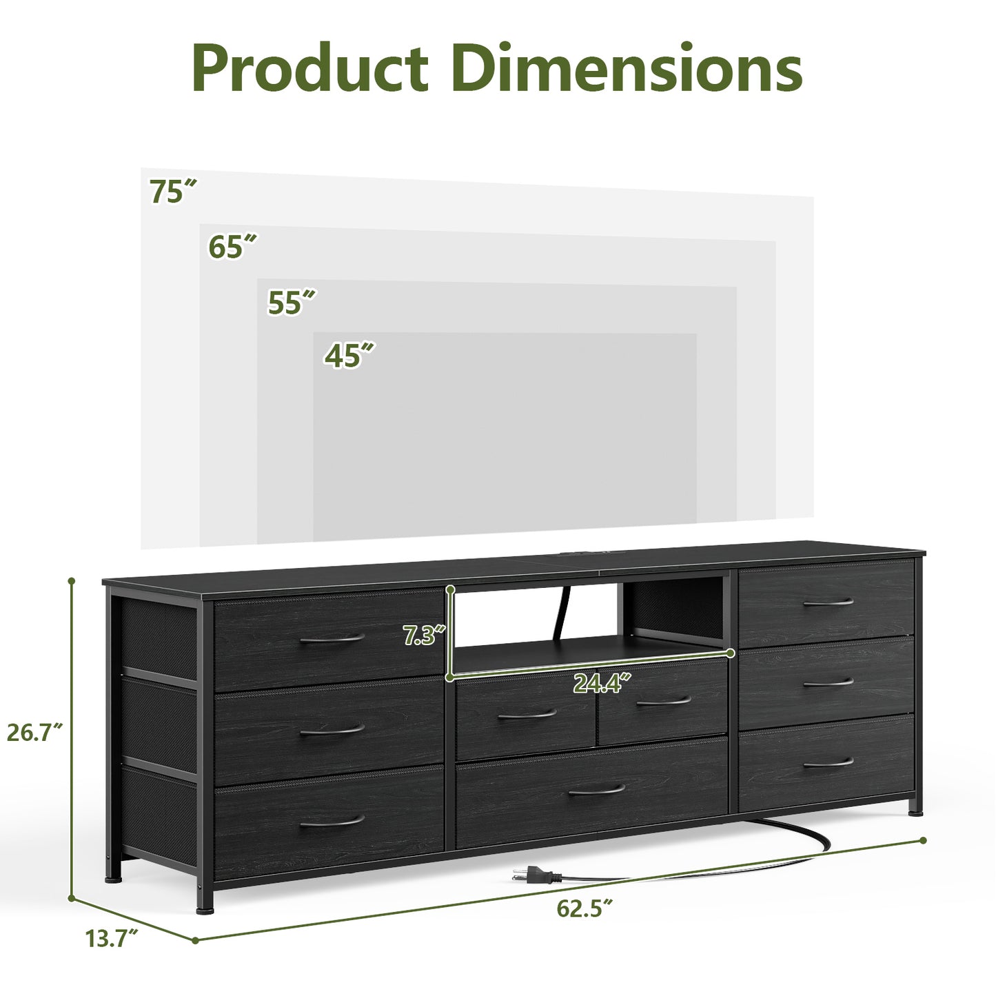 Satifur TV Cabinet Stands for TVs up to 75", Entertainment Center with Outlet & LED, Media Console Table with 9 Drawers for Living Room, Black Oak