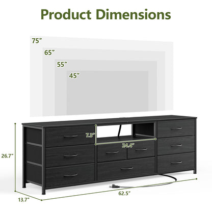 Satifur TV Cabinet Stands for TVs up to 75", Entertainment Center with Outlet & LED, Media Console Table with 9 Drawers for Living Room, Black Oak