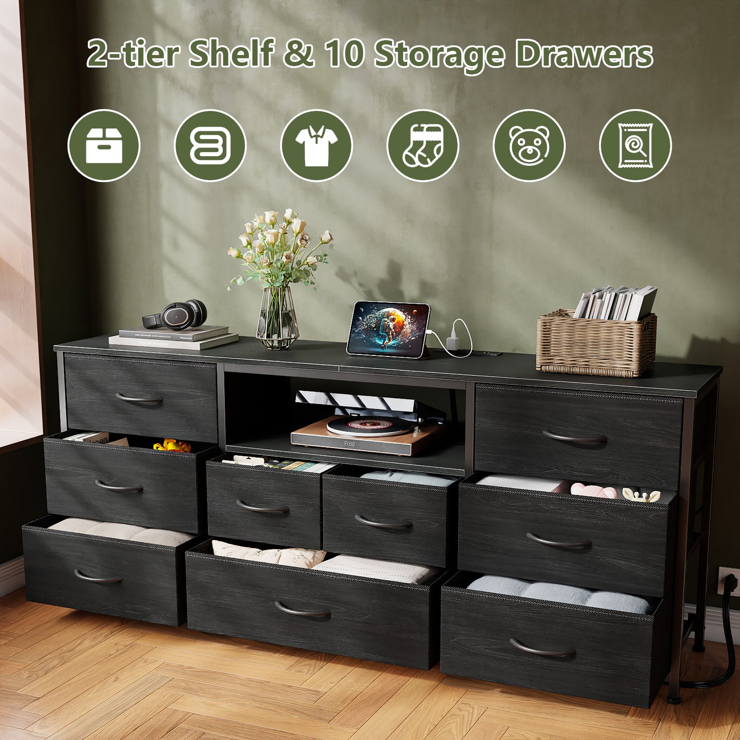 Satifur TV Cabinet Stands for TVs up to 75", Entertainment Center with Outlet & LED, Media Console Table with 9 Drawers for Living Room, Black Oak