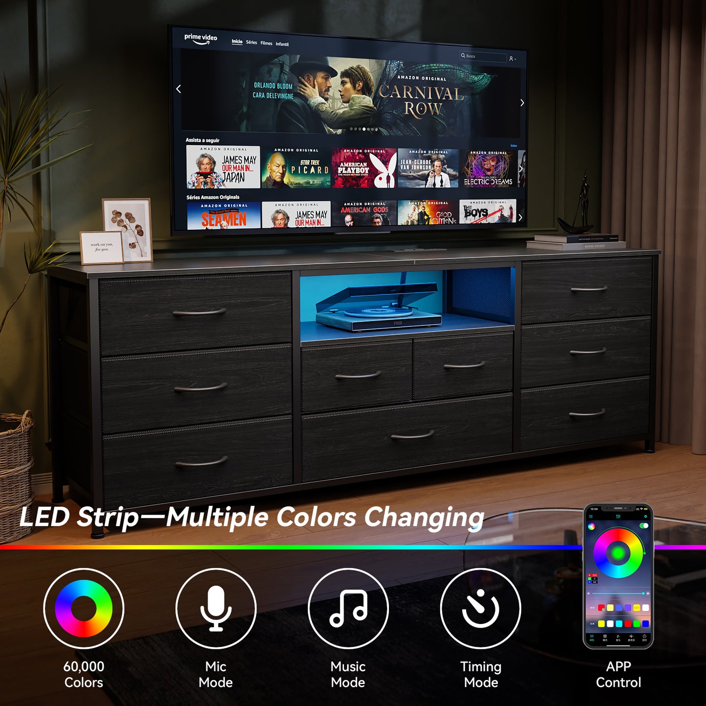 Satifur TV Cabinet Stands for TVs up to 75", Entertainment Center with Outlet & LED, Media Console Table with 9 Drawers for Living Room, Black Oak