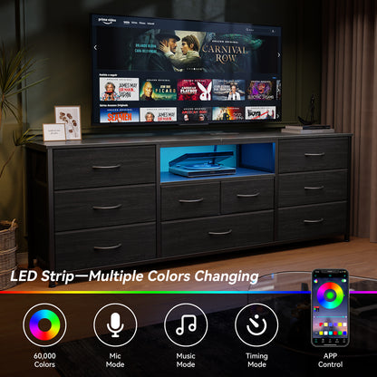 Satifur TV Cabinet Stands for TVs up to 75", Entertainment Center with Outlet & LED, Media Console Table with 9 Drawers for Living Room, Black Oak