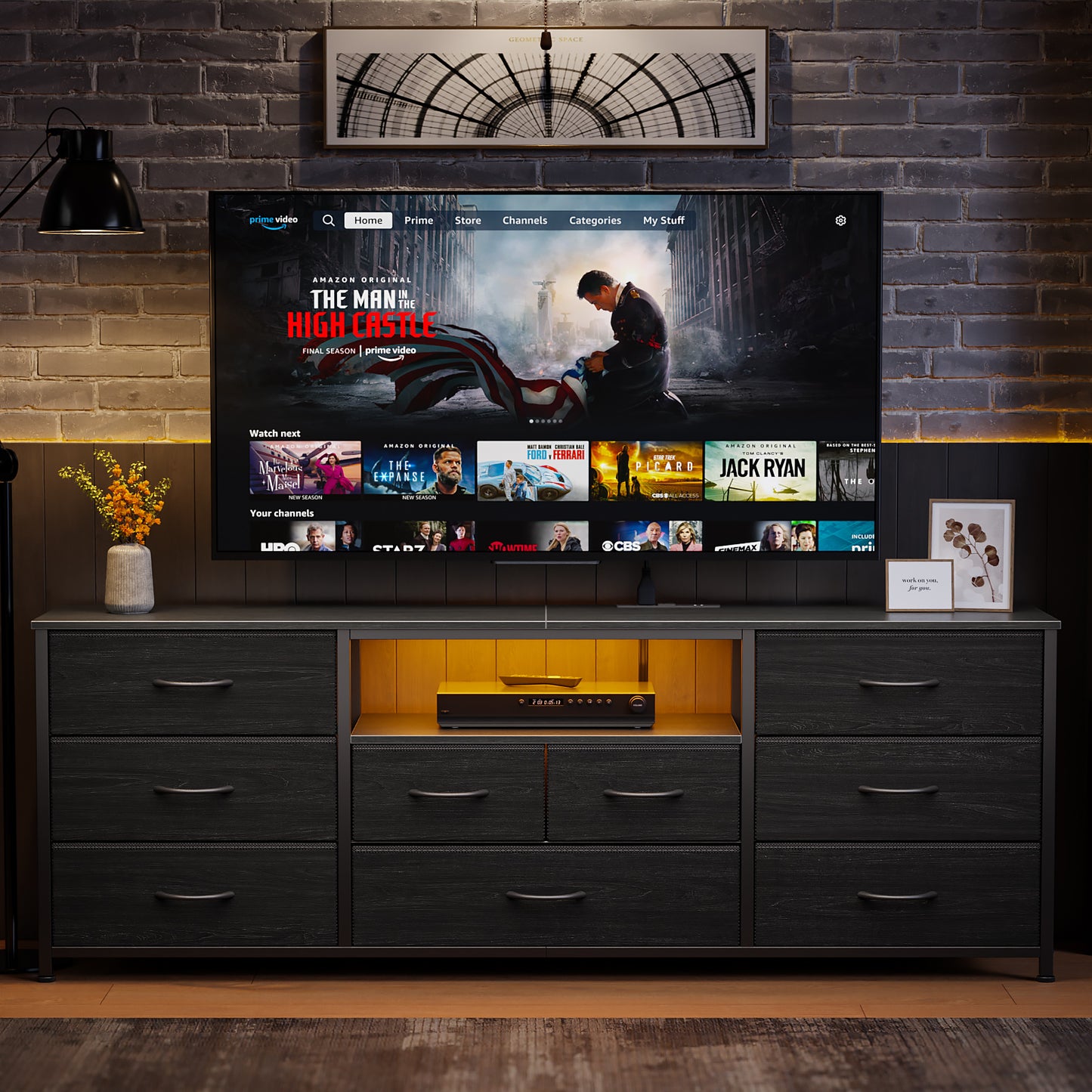 Satifur TV Cabinet Stands for TVs up to 75", Entertainment Center with Outlet & LED, Media Console Table with 9 Drawers for Living Room, Black Oak
