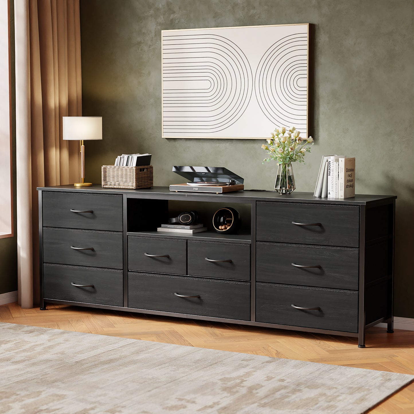Satifur TV Cabinet Stands for TVs up to 75", Entertainment Center with Outlet & LED, Media Console Table with 9 Drawers for Living Room, Black Oak