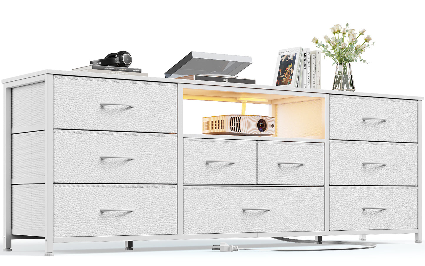 Tydimor TV Cabinet Stands for TVs up to 75", Entertainment Center with Outlet & LED, Media Console Table with 9 Drawers for Living Room, White